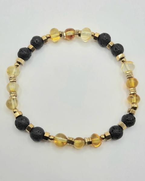 Bransoletka 'złoto Bałtyku' z bursztynu, lawy i złotego hematytu