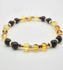 Bransoletka 'złoto Bałtyku' z bursztynu, lawy i złotego hematytu
