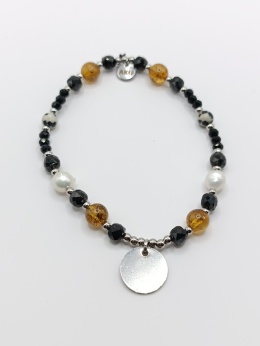 Bransoletka bursztyn, perły, czarny turmalin i jaspis dalmatyński