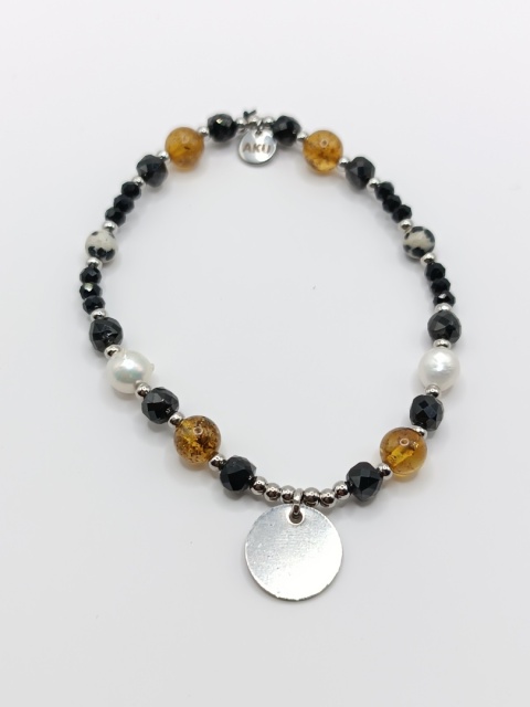 Bransoletka bursztyn, perły, czarny turmalin i jaspis dalmatyński