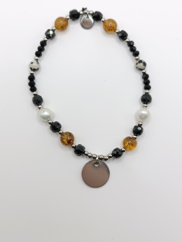 Bransoletka bursztyn, perły, czarny turmalin i jaspis dalmatyński