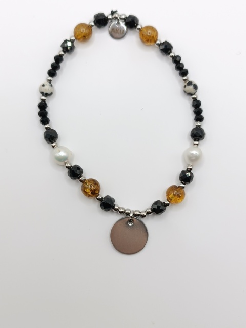 Bransoletka bursztyn, perły, czarny turmalin i jaspis dalmatyński