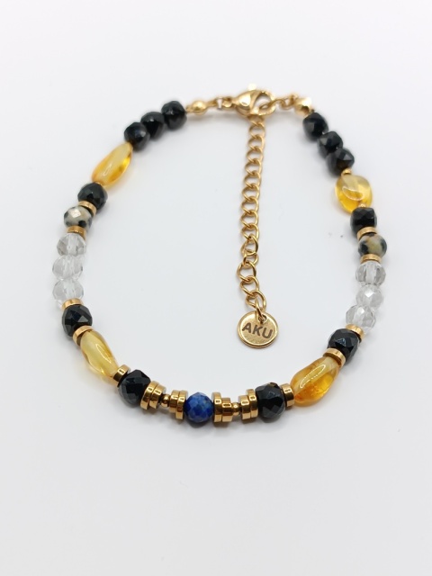 Bransoletka czarny turmalin, bursztyn, kryształ górski i jaspis dalmatyński