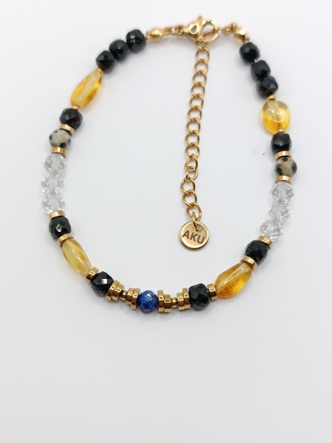 Bransoletka czarny turmalin, bursztyn, kryształ górski i jaspis dalmatyński