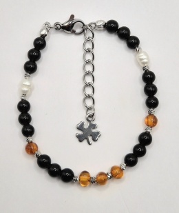 Bransoletka 'morska ochrona' z czarnego turmalinu, bursztynu i pereł