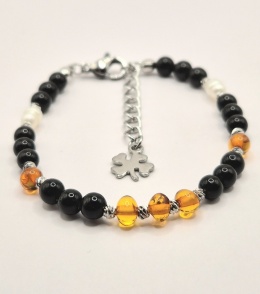 Bransoletka 'morska ochrona' z czarnego turmalinu, bursztynu i pereł