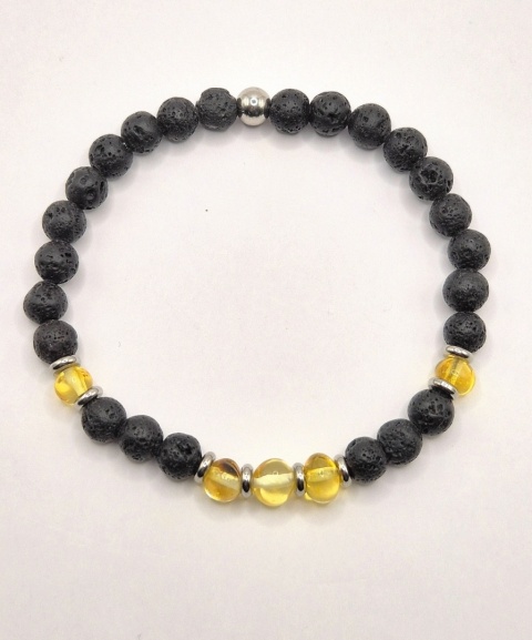 Bransoletka "ogień i woda" z lawy wulkanicznej i bursztynu