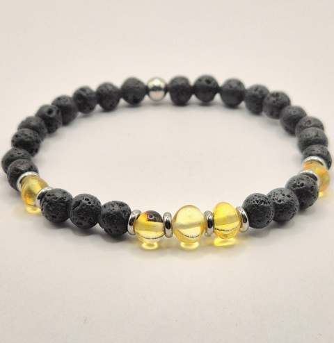 Bransoletka "ogień i woda" z lawy wulkanicznej i bursztynu