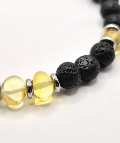 Bransoletka "ogień i woda" z lawy wulkanicznej i bursztynu