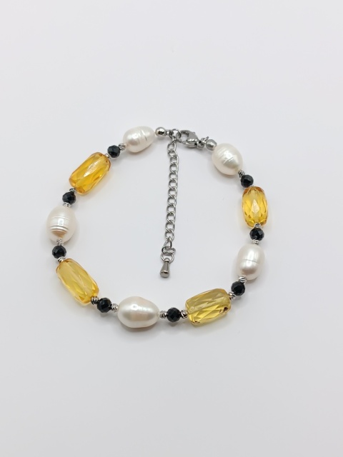Bransoletka perły, bursztyny i czarny turmalin