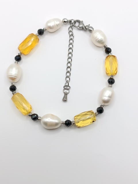 Bransoletka perły, bursztyny i czarny turmalin