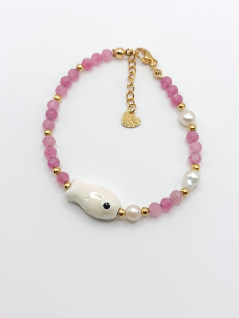 Bransoletka 'rybcia' z różowego turmalinu z perłami