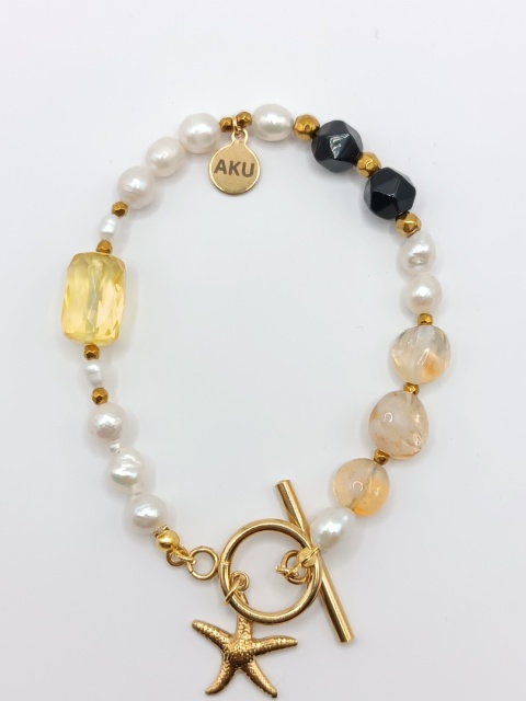 Bransoletka z cytrynów, czarnego turmalinu, bursztynu i pereł