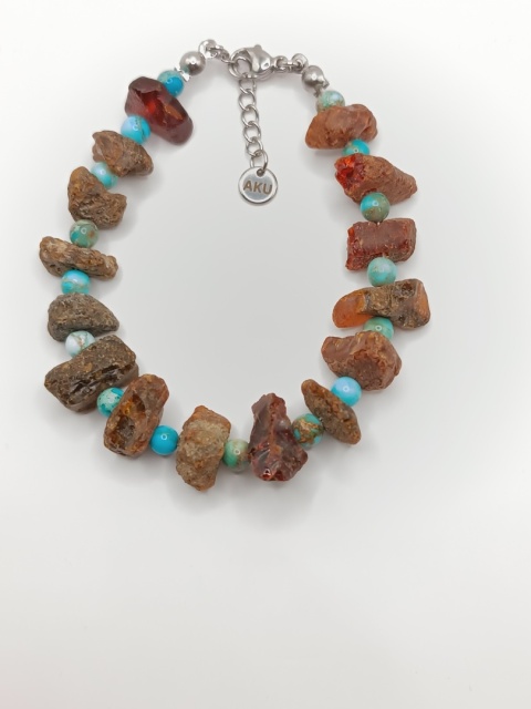 Bransoletka z dużych surowych bursztynów i jaspisu cesarskiego