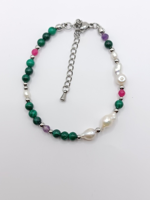 Bransoletka z malchitu, pereł, ametystu i turmalinu różowego