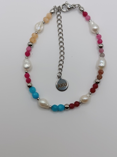 Bransoletka z pereł, turmalinu, rodonitu, amazonitu i rubinów