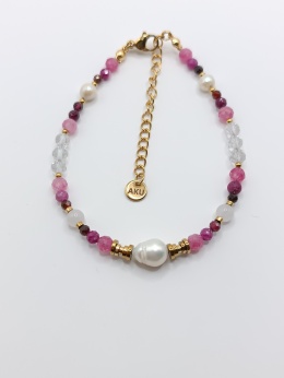 Bransoletka z różowego turmalinu, granatu, kryszatału górskiego i pereł