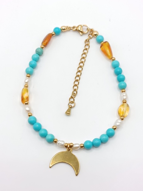 Bransoletka z turkusu, bursztynów i pereł