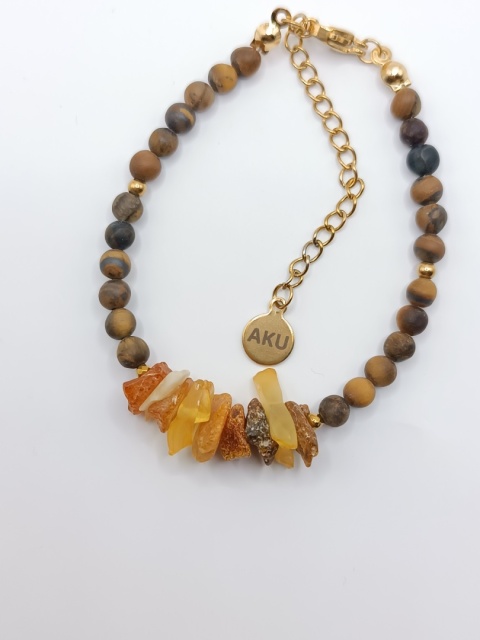 Bransoletka z tygrysiego oka i surowego bursztynu