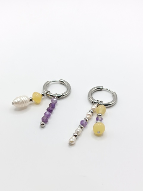 Kolczyki podwójne z bursztynów, pereł i ametystów