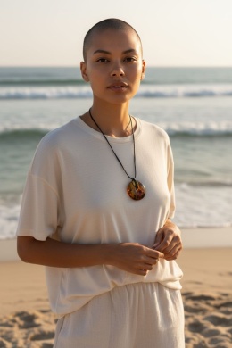 Naszyjnik duże bursztynowe koło na rzemieniu