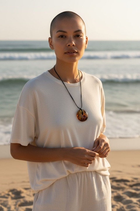 Naszyjnik duże bursztynowe koło na rzemieniu