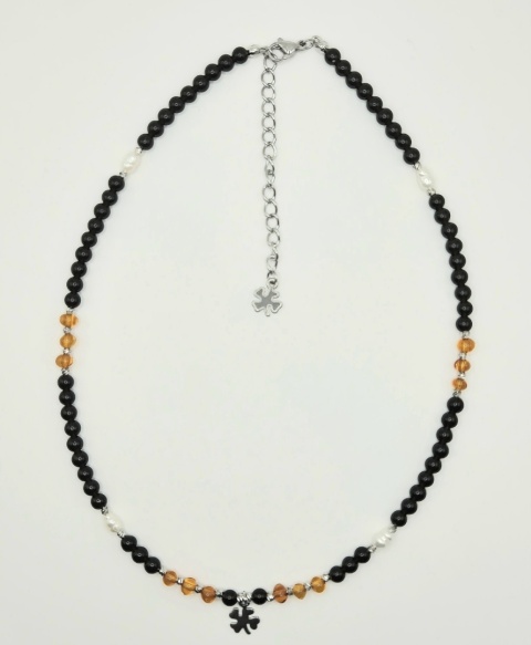 Naszyjnik 'morska ochrona' z czarnego turmalinu, bursztynów i pereł