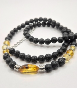 Naszyjnik 'ogień i woda' z lawy wulkanicznej i bursztynu