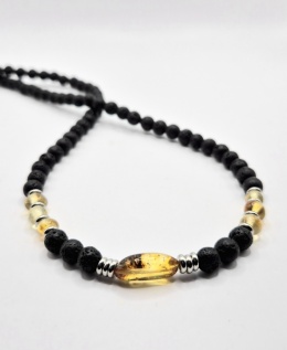 Naszyjnik 'ogień i woda' z lawy wulkanicznej i bursztynu