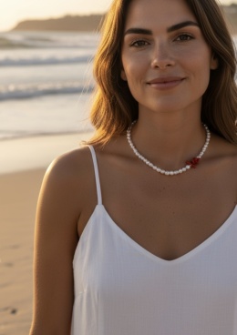 Naszyjnik wodny skarb z nieregularnych pereł słodkowodnych i koralu