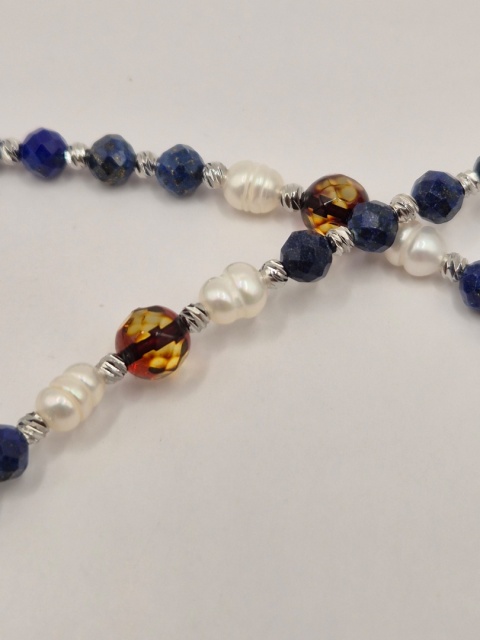Naszyjnik z pereł, bursztynu i lapisu lazuli