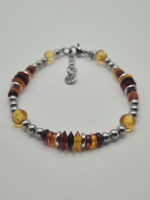 Bursztynowo-stalowa bransoletka zebra