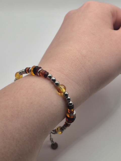 Bursztynowo-stalowa bransoletka zebra