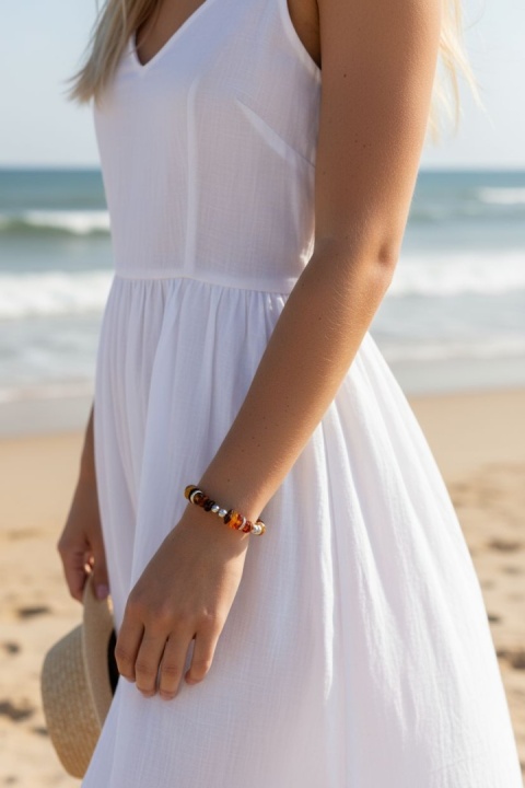 Bursztynowo-stalowa bransoletka zebra