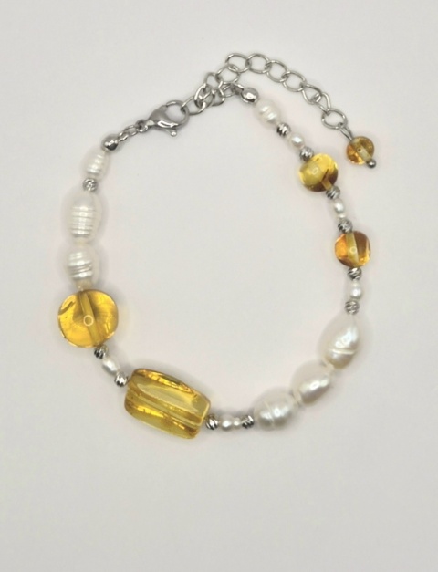 Bransoletka 'morskie fale' z pereł i bursztynu