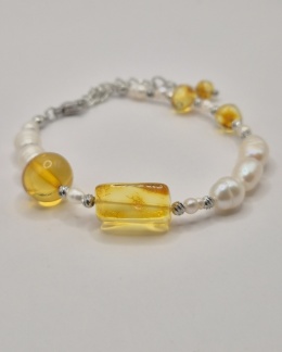 Bransoletka 'morskie fale' z pereł i bursztynu