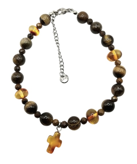 Bransoletka z tygrysiego oka z bursztynowym krzyżem
