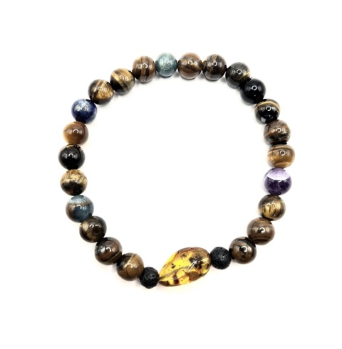 Bransoletka z tygrysiego oka z dodatkiem bursztynu, lapisu lazuli, ametystu, czarnego turmalinu, apatytu i lawy wulkanicznej