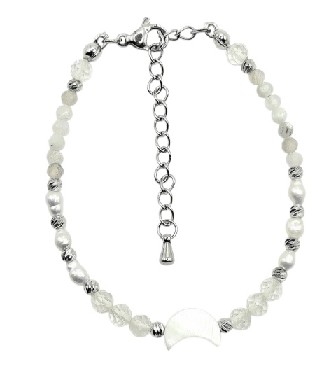 Delikatna bransoletka wykonana z kryształu górskiego, kamienia księżycowego, pereł oraz dekoracyjnego księżyca z masy muszlowej