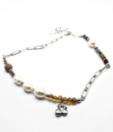 Naszyjnik łączony łańcuch i kamienie. Perła, rodonit, burszyn, jaspis dalmatyński
