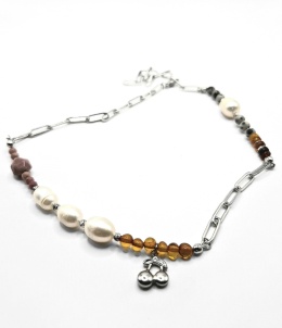 Naszyjnik łączony łańcuch i kamienie. Perła, rodonit, burszyn, jaspis dalmatyński