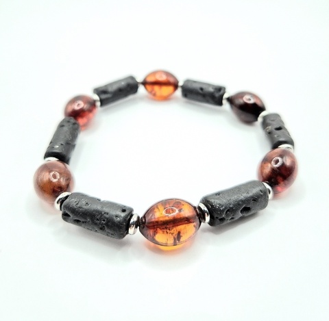 Bransoletka z bursztynu i lawy wulkanicznej