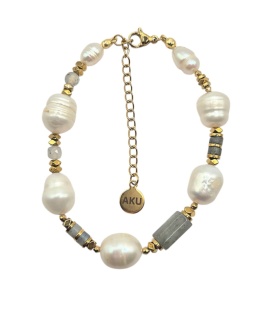 Elegancka bransoletka z dużych, naturalnych pereł i labradorytu