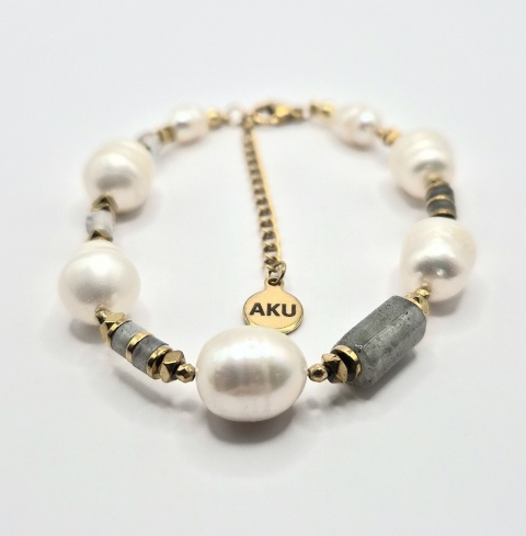 Elegancka bransoletka z dużych, naturalnych pereł i labradorytu