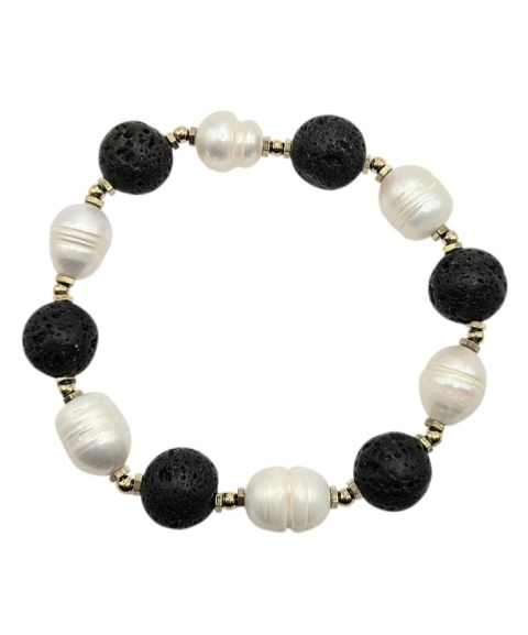 Bransoletka z dużych koralików lawy wulkanicznej i naturalnych pereł