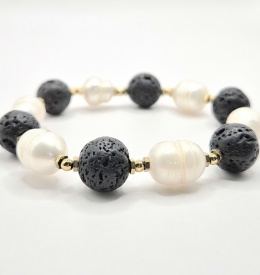 Bransoletka z dużych koralików lawy wulkanicznej i naturalnych pereł