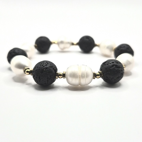 Bransoletka z dużych koralików lawy wulkanicznej i naturalnych pereł