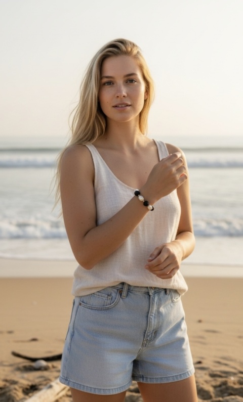 Bransoletka z dużych koralików lawy wulkanicznej i naturalnych pereł